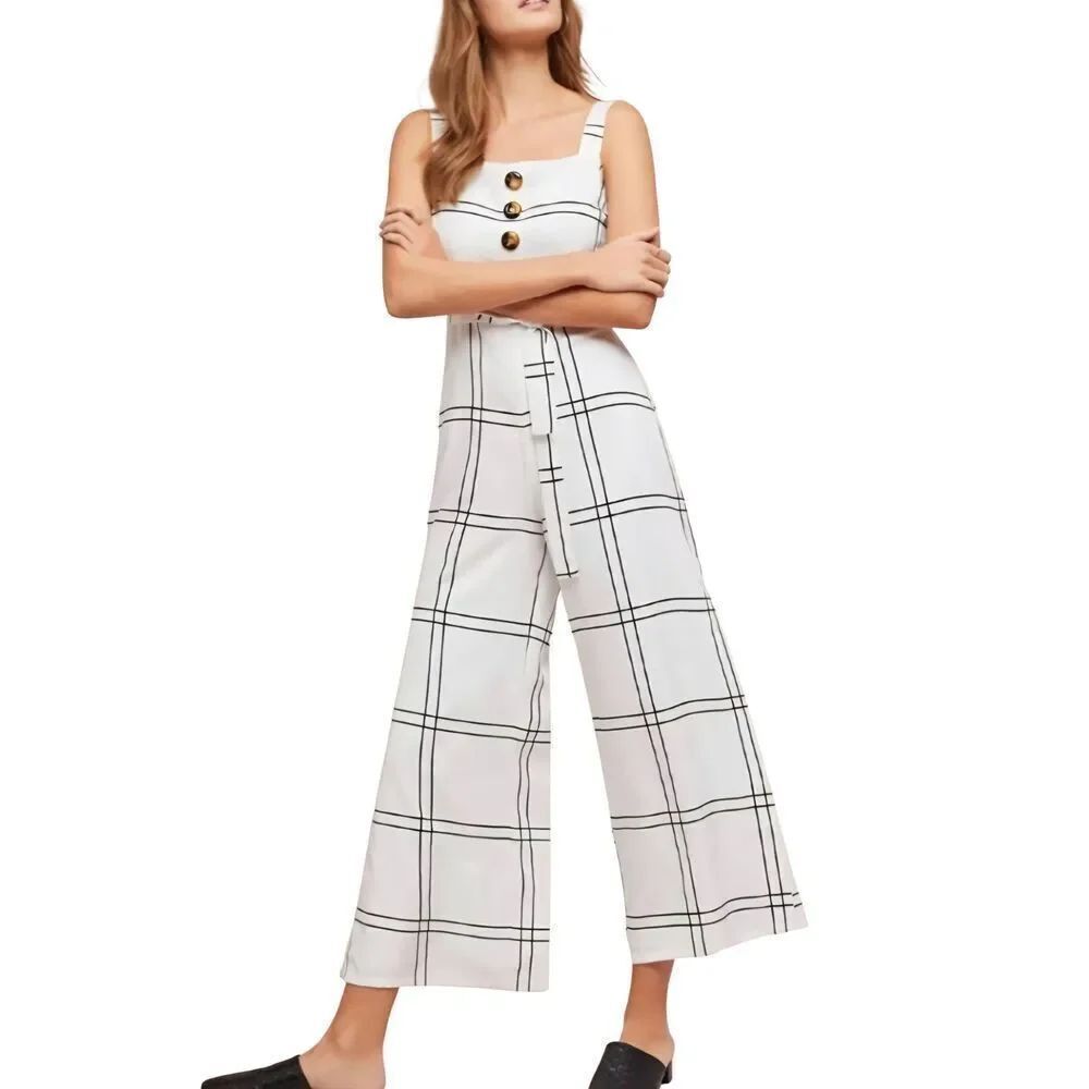 Anthropologie Sancia Valou Button Down windowpane waist tie Jumpsuit Sz XS
